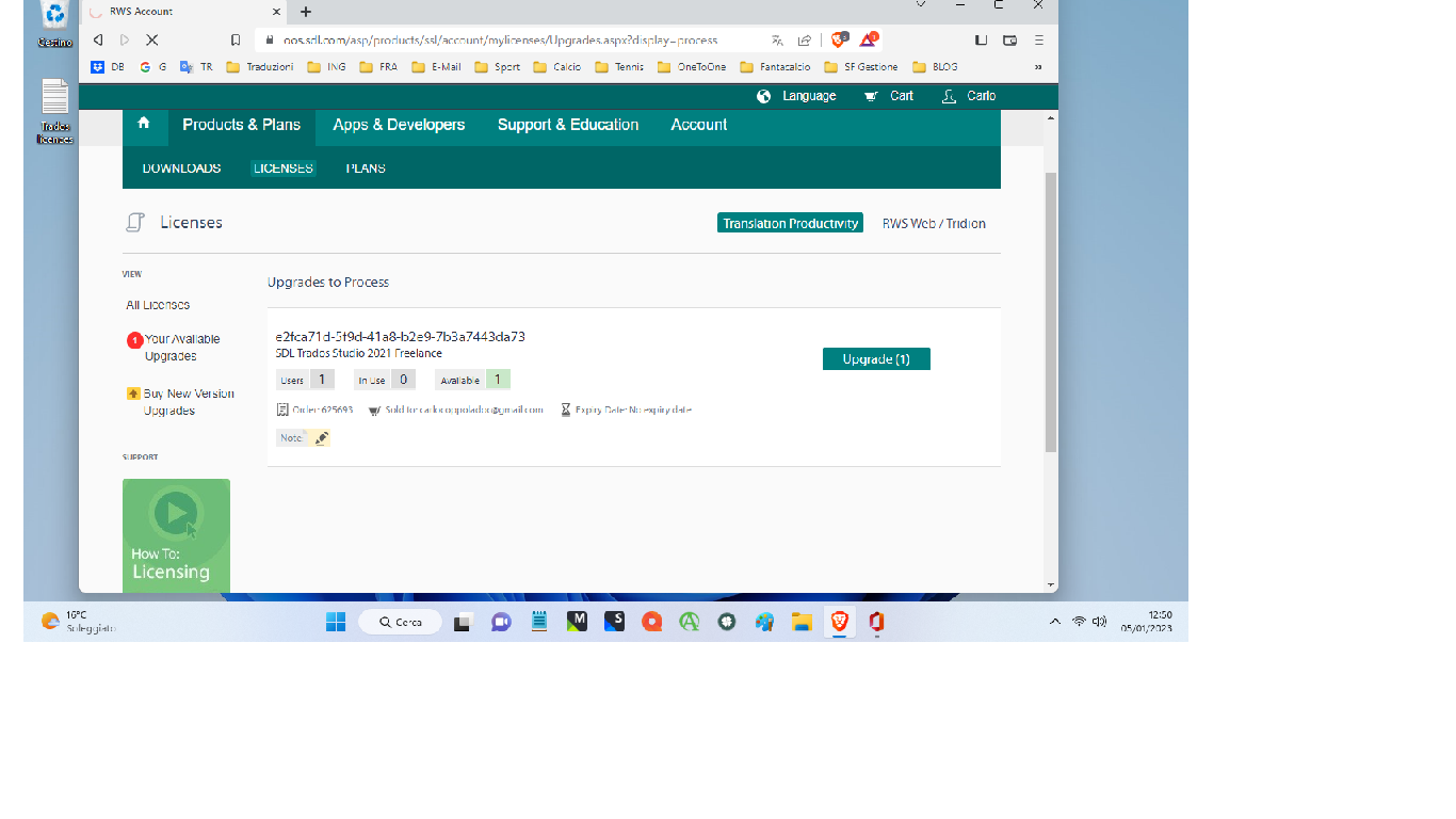 Screenshot of RWS Trados Licenses page showing available upgrade for SDL Trados Studio 2021 Freelance with an upgrade button.
