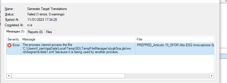 Error message in Trados Studio stating 'The process cannot access the file because it is being used by another process.' with a file path specified.