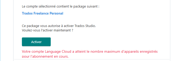 Screenshot of a Language Cloud activation error message in French, stating 'Your Language Cloud account has reached the maximum number of registered devices for the current subscription.'