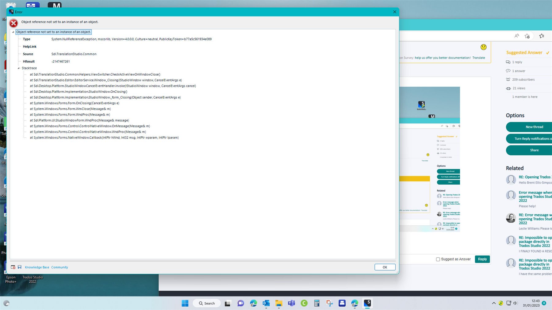 Error message window on Trados Studio showing 'Object reference not set to an instance of an object' with details of the exception and stack trace.