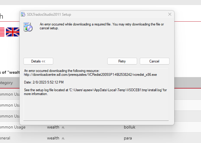 SDL Trados Studio 2011 Setup error message window showing 'An error occurred while downloading a required file.' with options to Retry or Cancel setup. Details reveal a specific file download error and a log file path for more information.