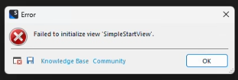 Error dialog box in Trados Studio 2022 stating 'Failed to initialize view 'SimpleStartView'.