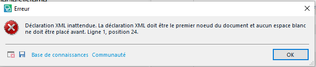 Error message in Trados Studio stating 'Unexpected XML declaration. The XML declaration must be the first node in the document and no white space characters are allowed before it. Line 1, position 24.' with an OK button.