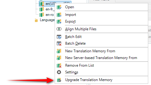 Trados Studio menu with an arrow pointing to 'Upgrade Translation Memory' option.