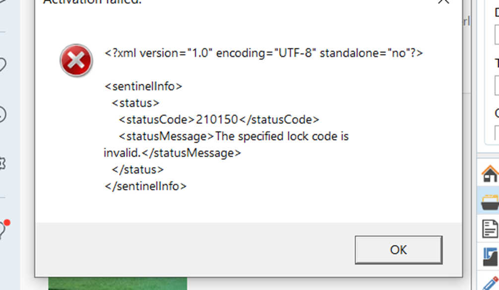 Error message in Trados Studio activation window showing a red cross icon, with XML content stating 'Activation failed. The specified lock code is invalid. Status code 210150'.