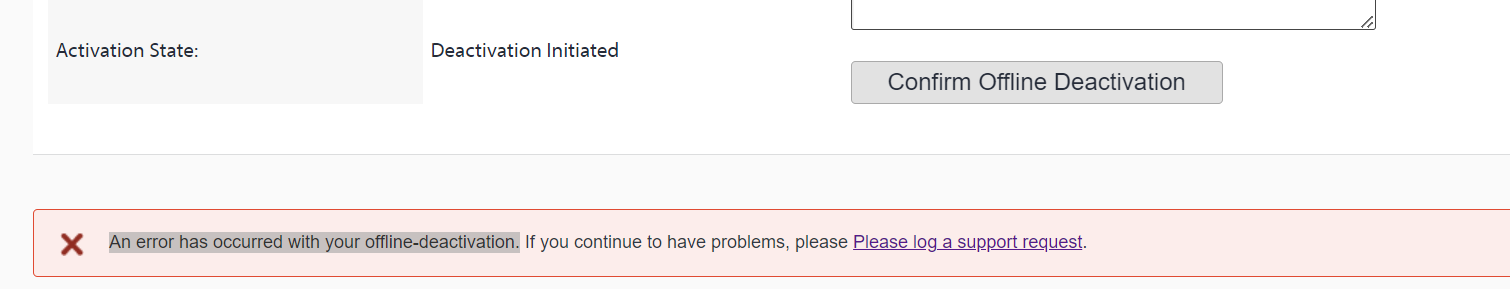 Trados Studio activation state showing 'Deactivation Initiated' with a red error message 'An error has occurred with your offline-deactivation. If you continue to have problems, please log a support request.'