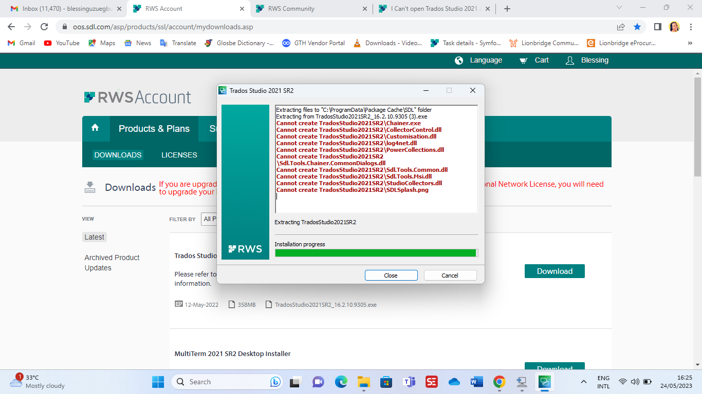 Screenshot of Trados Studio 2021 SR2 installation error, with multiple 'Cannot create' messages for various .dll files and a .png file.