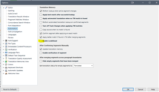 Trados Studio Options menu with LookAhead feature turned off under the Automation section to improve software stability.