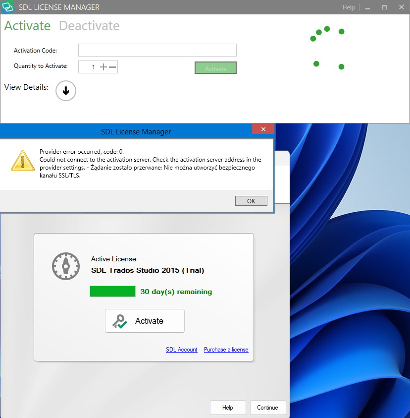 SDL License Manager activation screen with an empty Activation Code field and a Provider error message stating code 0, could not connect to the activation server, and SSLTLS channel creation issue.