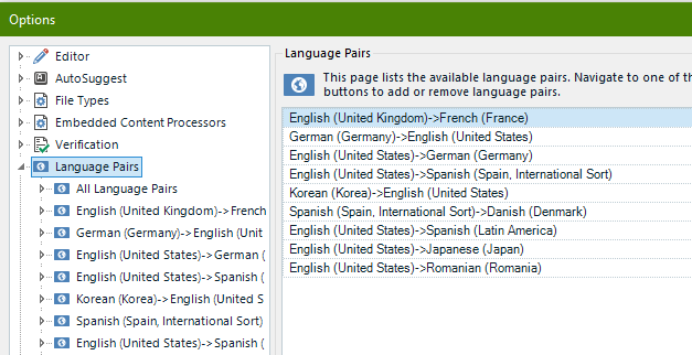Trados Studio Options menu showing Language Pairs section with a list of available language pairs including English to French, German, Spanish, Korean, Danish, Japanese, and Romanian.