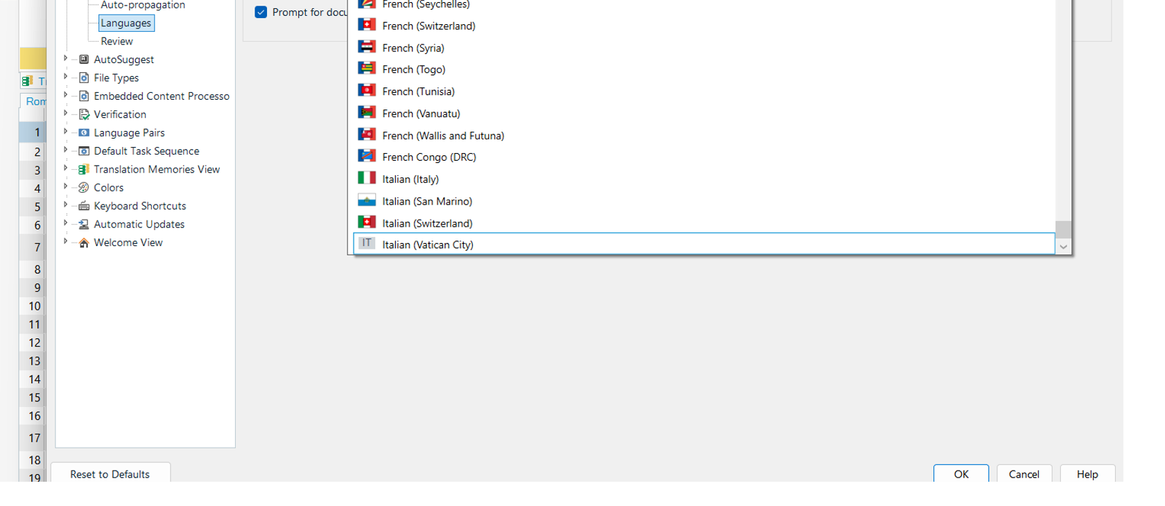 Trados Studio options menu scrolled down to 'Languages' section with a list of different language options for Italian.