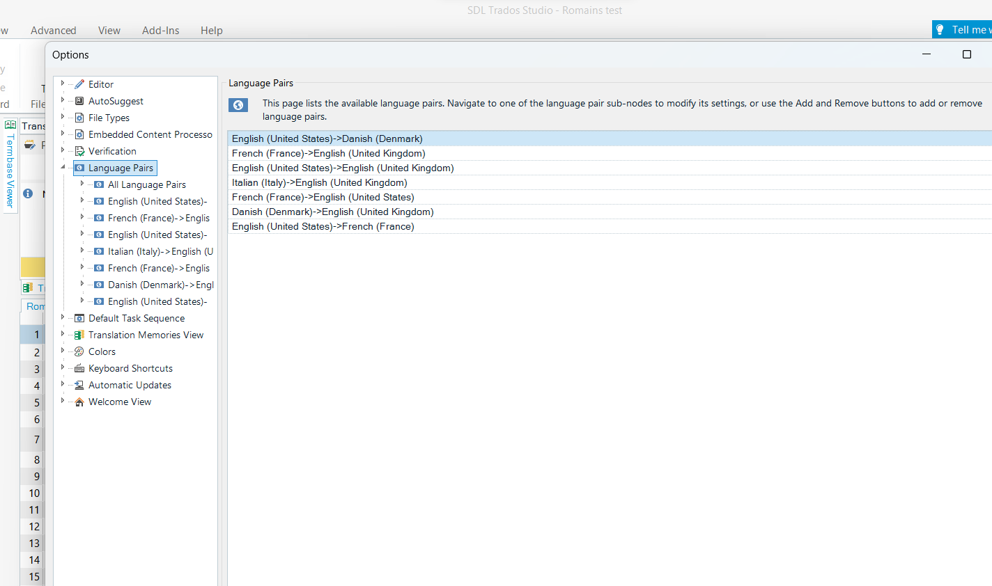 Screenshot of Trados Studio options menu showing Language Pairs list with combinations like English (United States) to Danish (Denmark) and French (France) to English (United Kingdom).