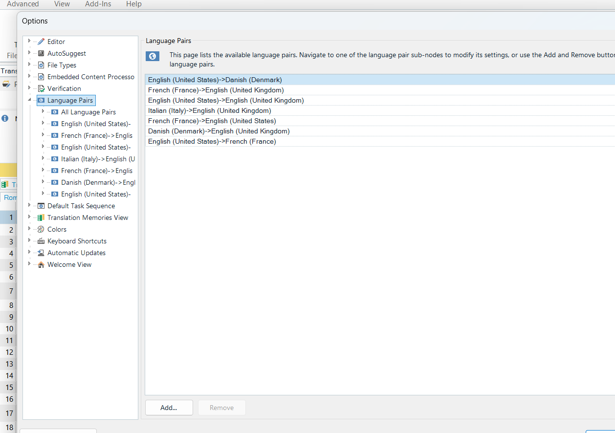Screenshot of Trados Studio showing the Language Pairs options with a list including English (United States) to Danish (Denmark), French (France) to English (United Kingdom), and other pairs, but missing Norwegian as a target language.