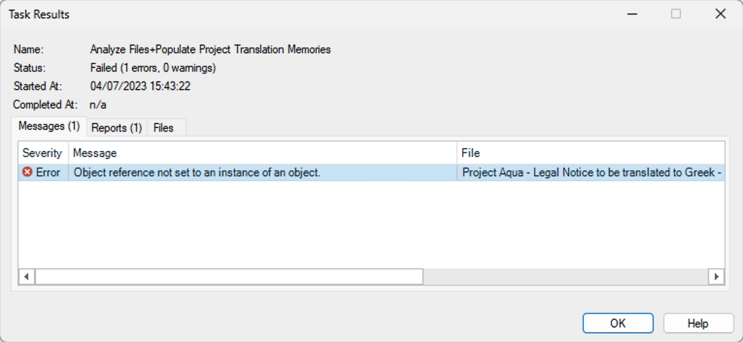 Task Results window showing an error 'Object reference not set to an instance of an object' for the file 'Project Aqua - Legal Notice to be translated to Greek'.