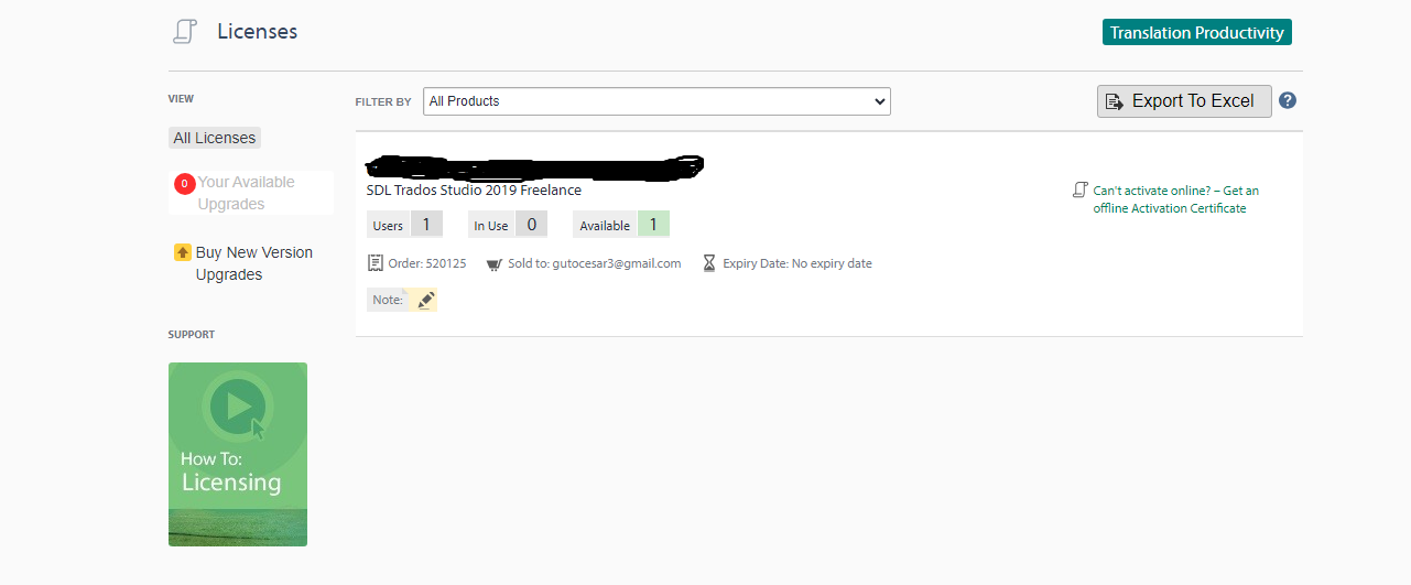 Trados Studio license management screen showing one available SDL Trados Studio 2019 Freelance license, with zero in use, and a note icon indicating a message or comment.