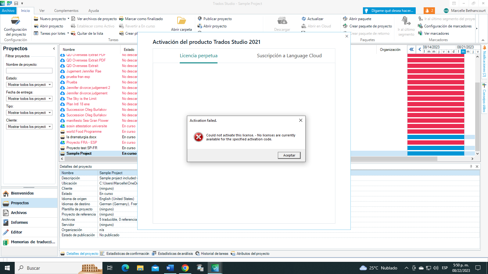 Screenshot of Trados Studio activation error message stating 'Activation failed. Could not activate this license. - No licenses are currently available for the specified activation code.' with an 'Accept' button.