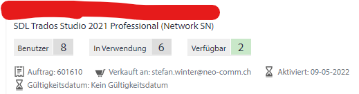 SDL Trados Studio 2021 Professional license details with 6 in use, 2 available, and no validity date.