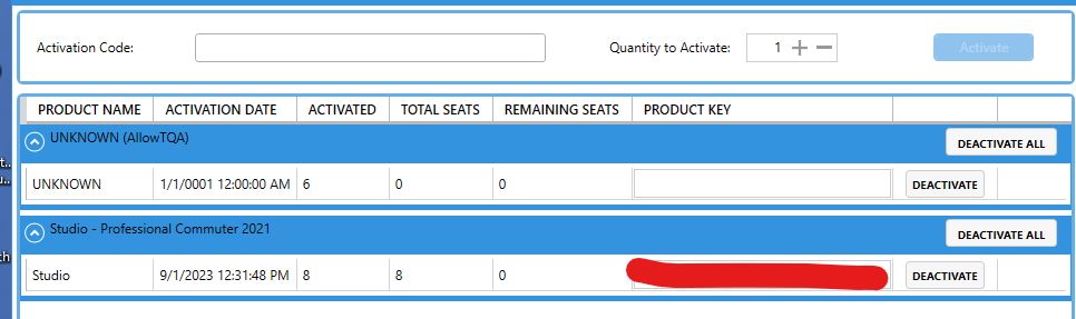 Trados License Manager showing UNKNOWN product with 6 activated seats and DEACTIVATE ALL button not functioning.
