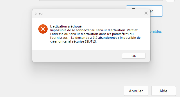 Error message in Trados Studio activation window stating: Activation failed. Unable to connect to the activation server. Check the activation server address in the provider settings. - The request was aborted: Unable to create a secure SSLTLS channel.