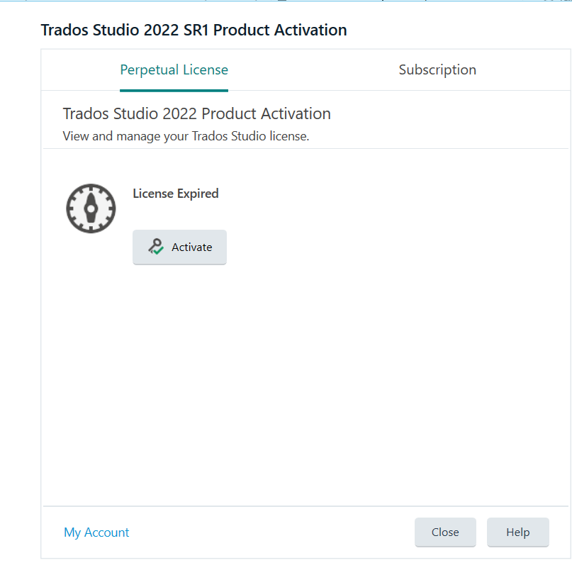 Screenshot of Trados Studio 2022 SR1 Product Activation window showing a 'License Expired' message with an 'Activate' button below.