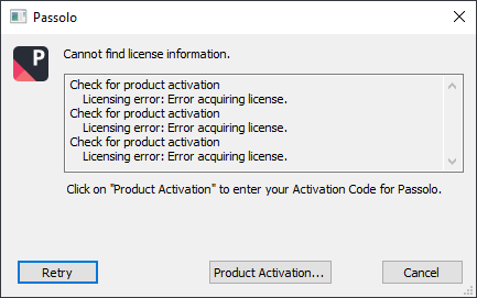 Error dialog in Passolo with title 'Cannot find license information.' It lists multiple 'Licensing error: Error acquiring license.' messages and has buttons for 'Retry,' 'Product Activation...' and 'Cancel.'