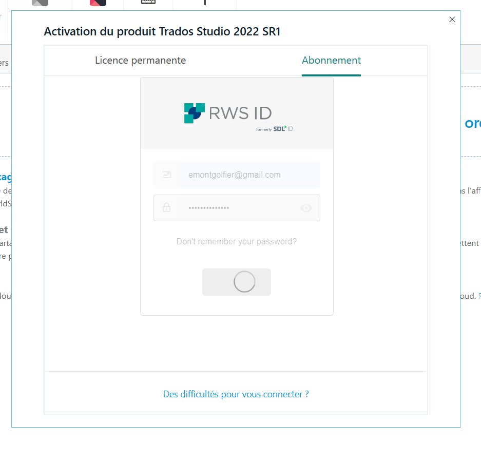 Trados Studio 2022 SR1 activation window with RWS ID login fields for email and password, and a toggle switch that is not activated.