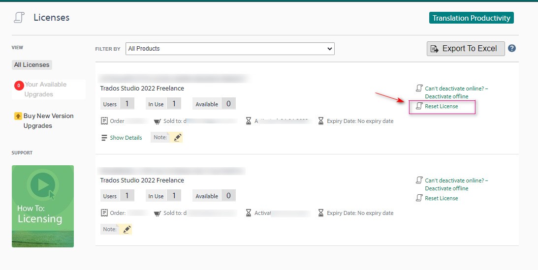 Trados Studio 2022 Freelance license management screen showing 1 user license in use and 0 available, with a 'Reset License' option highlighted.