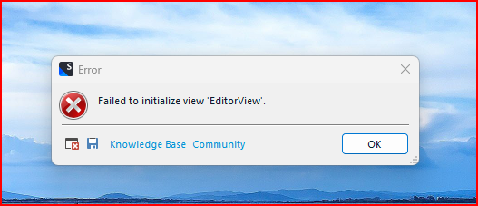 Error dialog box from Trados Studio 2022 displaying 'Failed to initialize view 'EditorView'.' with an 'OK' button and links to 'Knowledge Base' and 'Community'.