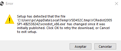 Error message during Trados Studio installation stating 'Setup has detected that the file C:UserspcAppDataLocalTempVSD452C.tmpVCRedist2005SP1-KB2538242vcredist_x86.exe has changed since it was initially published. Click OK to retry the download, or Cancel to exit setup.' with 'Aceptar' and 'Cancelar' buttons.