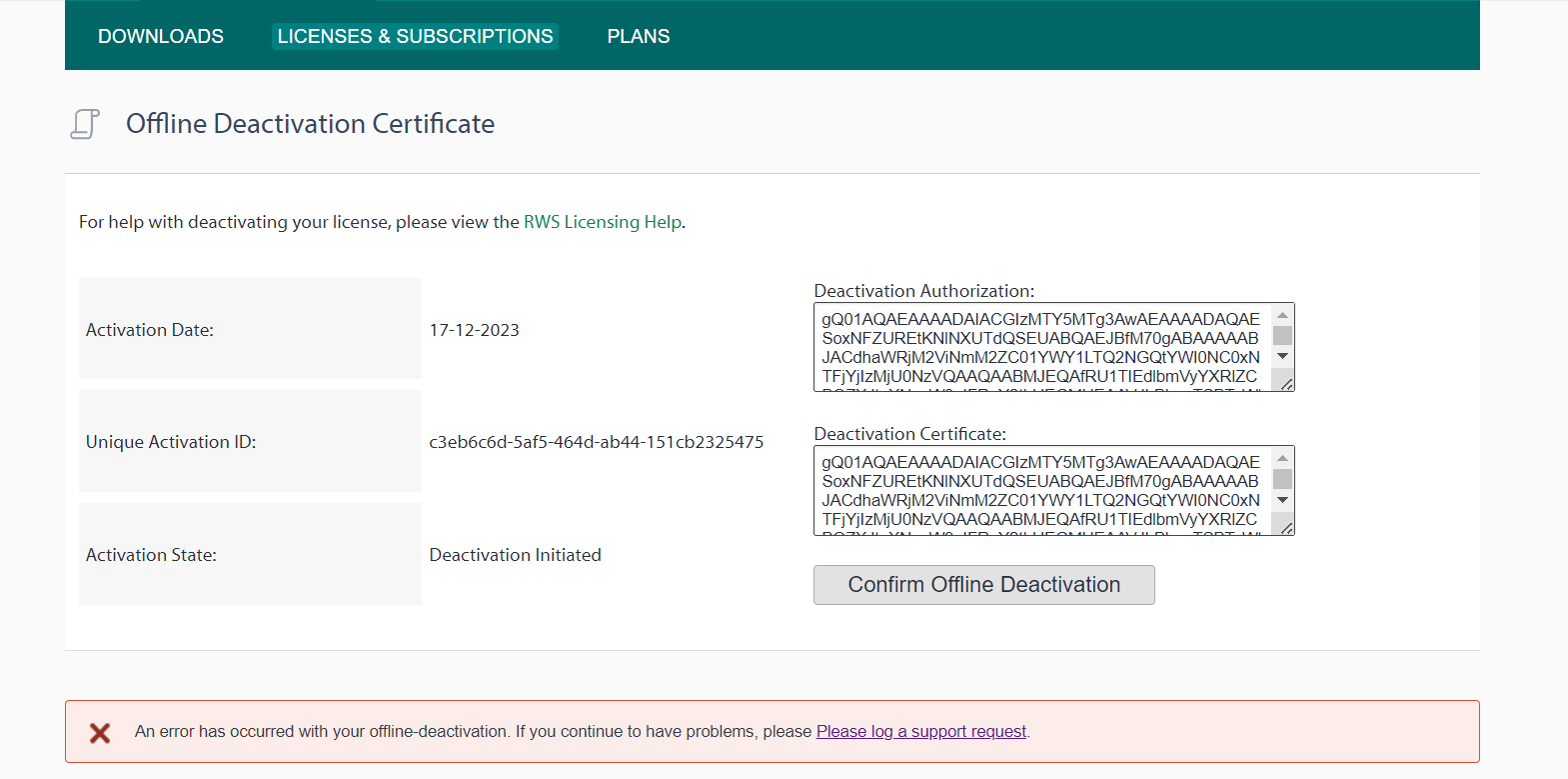Trados Studio offline deactivation certificate page showing activation date, unique activation ID, and an error message for offline deactivation.