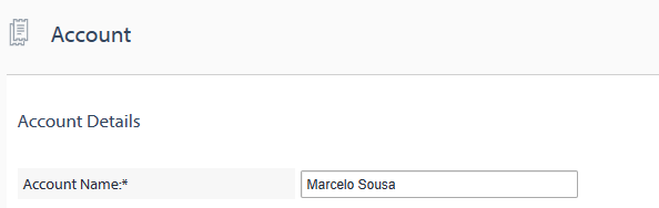 RWS account details page with the 'Account Name' field correctly filled as 'Marcelo Sousa'.