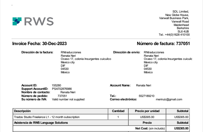Screenshot of an RWS invoice for Trados Studio Freelance L1 - 12 month subscription, dated 30-Dec-2023, with an invoice number 737051 and a total of $305.00 USD.