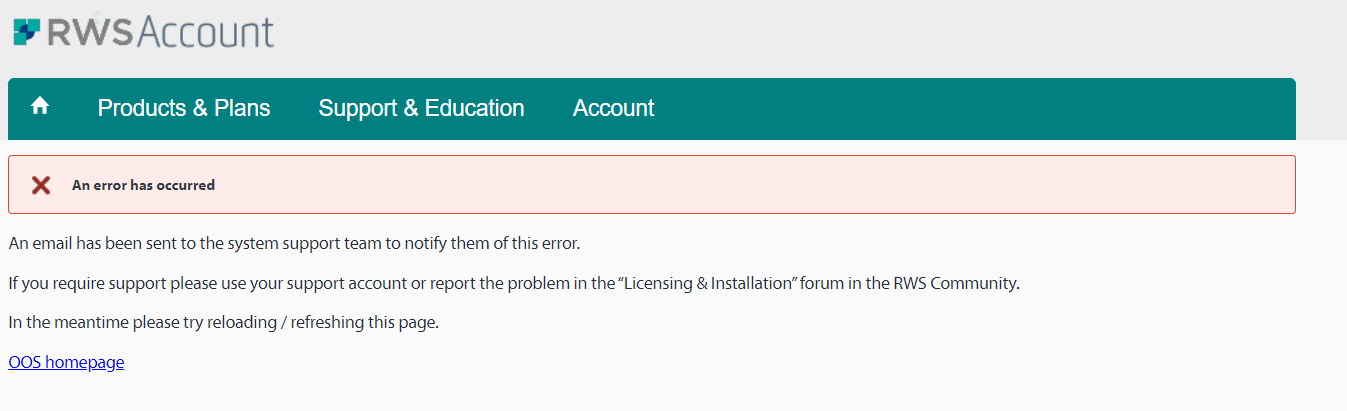RWS Account error message stating 'An error has occurred' with instructions to reload the page and report the problem in the RWS Community forum.