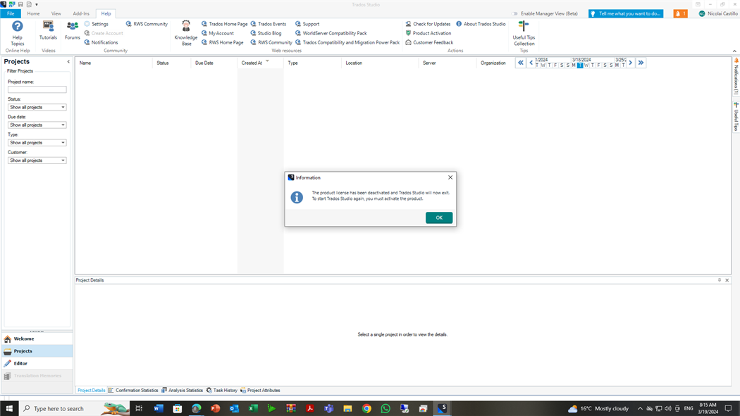 Information message in Trados Studio stating 'The product license has been deactivated and Trados Studio will now exit. To start Trados Studio again, you must activate the product.' with an OK button.