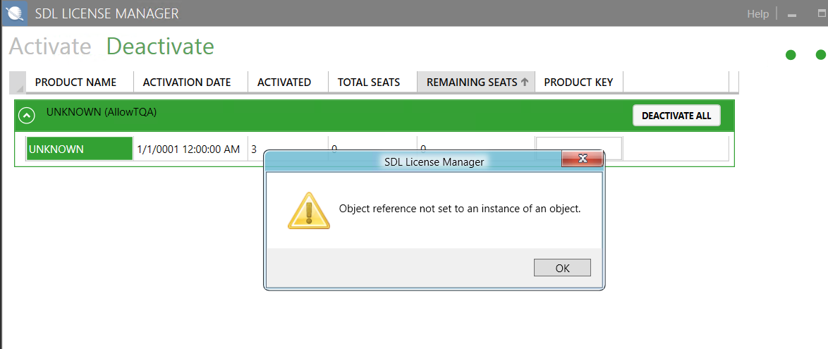 Error message in SDL License Manager stating 'Object reference not set to an instance of an object' with an unknown product name and activation date.