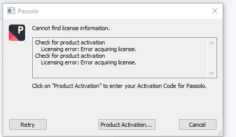 Error dialog from Passolo with message 'Cannot find license information. Check for product activation Licensing error: Error acquiring license. Check for product activation Licensing error: Error acquiring license.' with options to Retry, Product Activation, or Cancel.