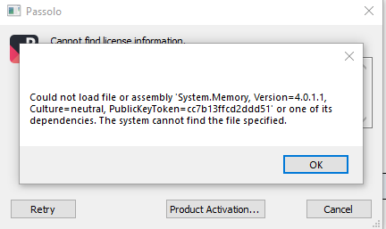 Error dialog from Passolo with message 'Could not load file or assembly 'System.Memory, Version=4.0.1.1, Culture=neutral, PublicKeyToken=cc7b13ffcd2ddd51' or one of its dependencies. The system cannot find the file specified.' with an OK button.