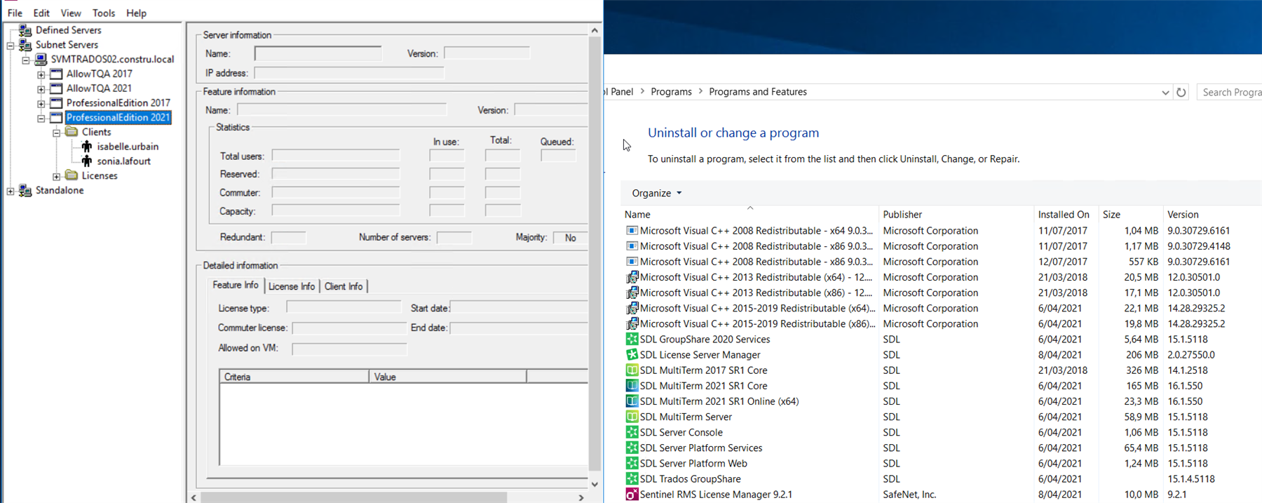 Screenshot of the SDL License Server Manager showing the server SVMTRADOS02 and client list with no apparent issues.