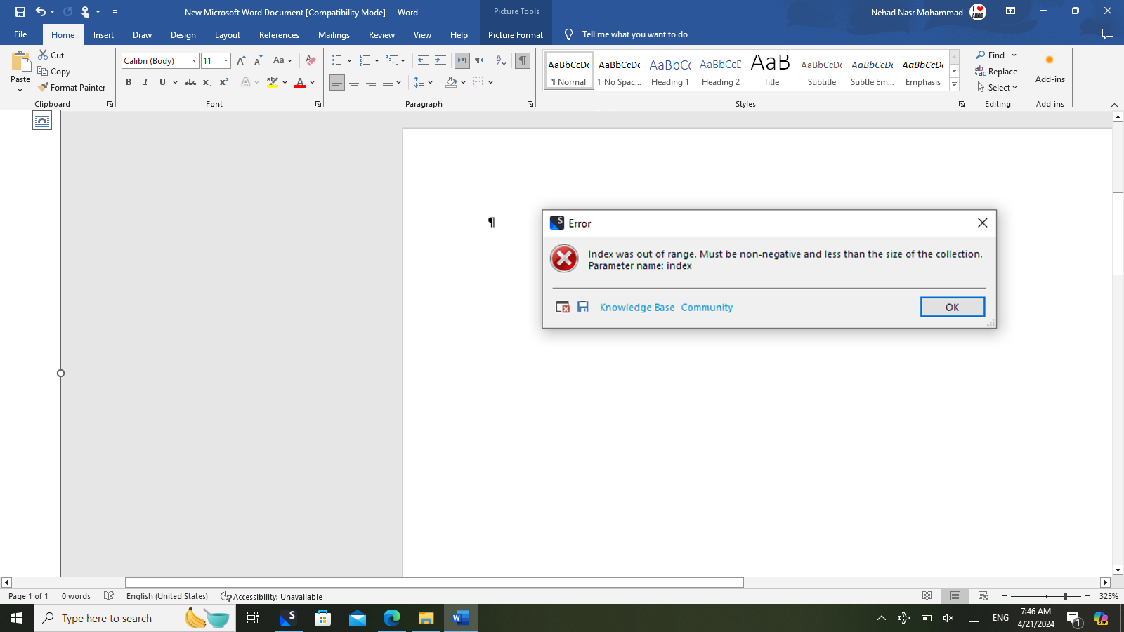 Error message on Trados Studio 2022 stating 'Index was out of range. Must be non-negative and less than the size of the collection. Parameter name: index' with an OK button.