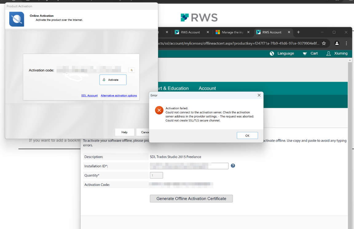 Screenshot of an Online Activation window with an activation code field blurred out and an 'Activate' button.