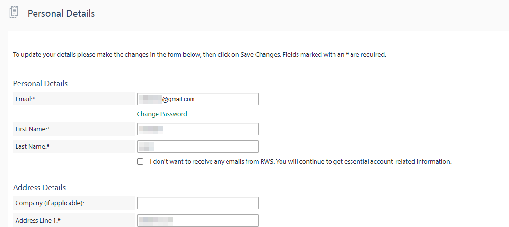 Screenshot of Trados Studio's Personal Details form with an incomplete email address field ending with '@gmail.com' and other personal information fields blank.