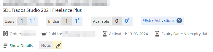 Screenshot of Trados Studio 2021 Freelance Plus account showing 1 user, 1 activation in use, 0 available activations, and an option for extra activations with a question mark icon.