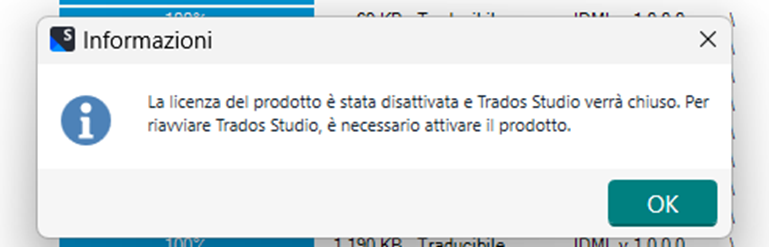 Information message in Trados Studio indicating 'The product license has been deactivated and Trados Studio will be closed. To restart Trados Studio, product activation is required.' with an OK button.