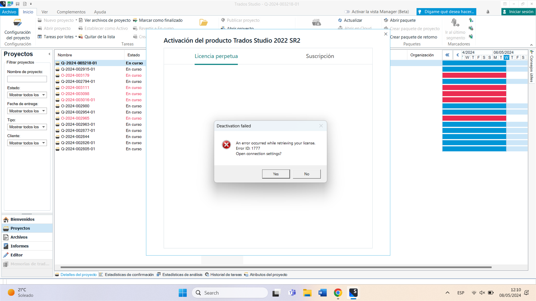 Screenshot of Trados Studio 2022 SR2 activation window with a 'Deactivation failed' error message. It reads 'An error occurred while retrieving your license. Error ID: 17777'. There is an option to open connection settings with 'Yes' and 'No' buttons.