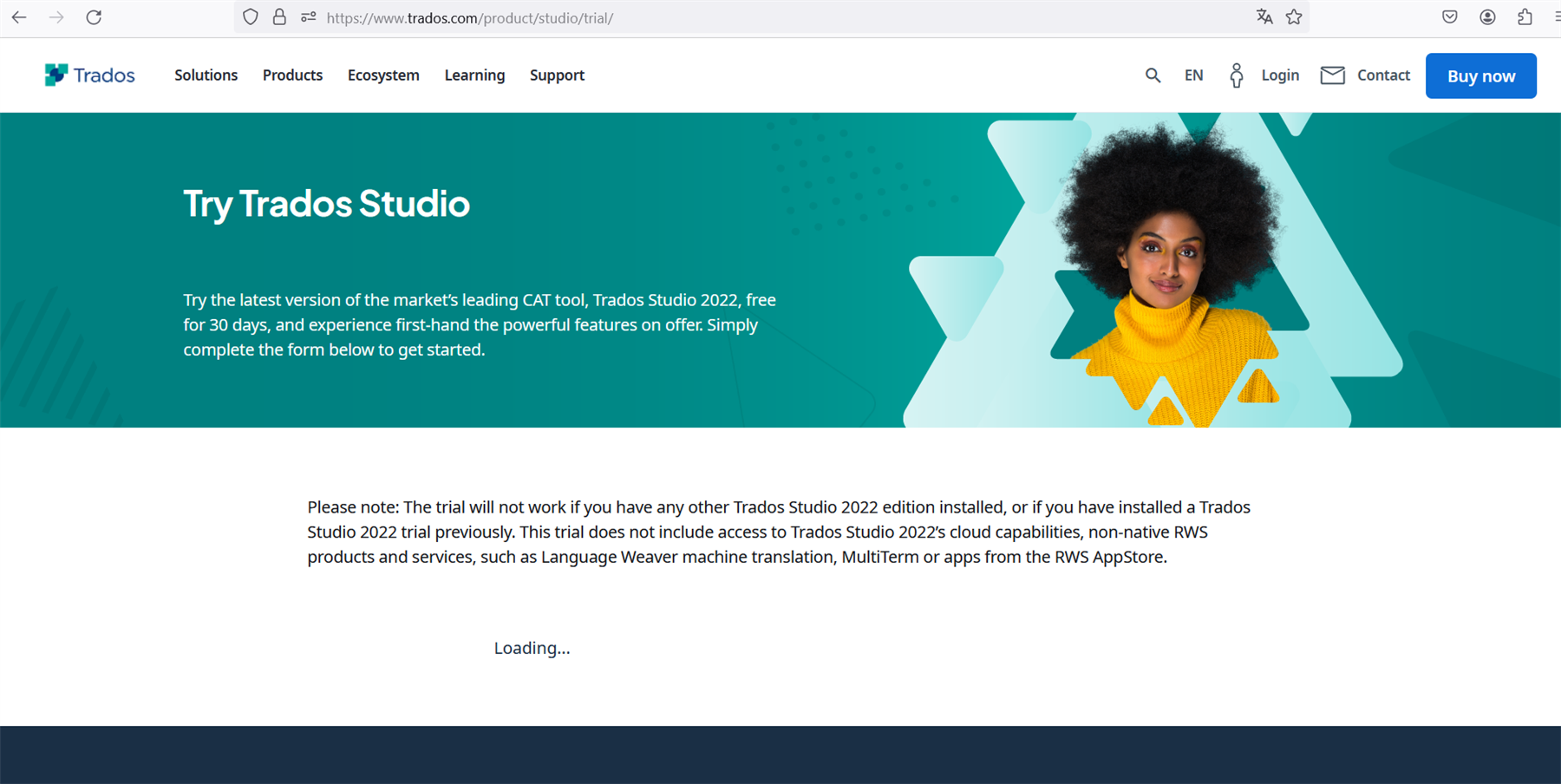 Screenshot of Trados Studio trial page with a loading issue. Text indicates the trial version is available for 30 days and notes limitations if other editions are installed.