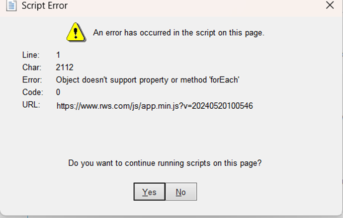 Script Error dialog box with a warning icon. It states 'An error has occurred in the script on this page.' Line: 1, Char: 2112, Error: Object doesn't support property or method 'forEach', Code: 0, URL: a website link. Options to continue running scripts: Yes or No.