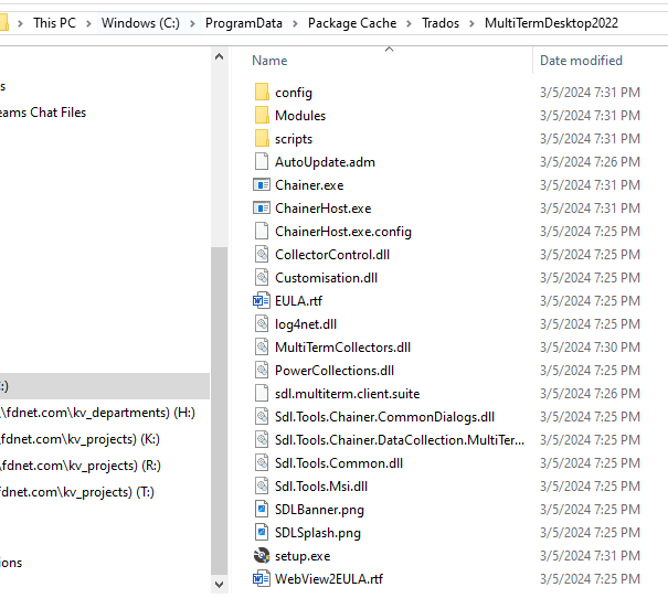 Screenshot of a Windows file explorer window showing the contents of the ProgramDataPackage CacheTradosMultiTermDesktop2022 directory. Files and folders are listed with their modification dates, including setup.exe.