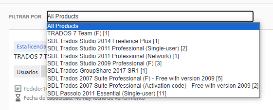 Dropdown menu showing a list of Trados products including various versions such as Trados 7 Team, Studio 2014 Freelance Plus, and others, with a highlighted message in Spanish indicating a licensing issue.