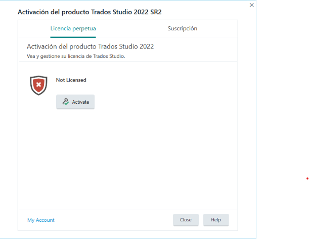 Product activation window for Trados Studio 2022 SR2 displaying a 'Not Licensed' error with an 'Activate' button available.