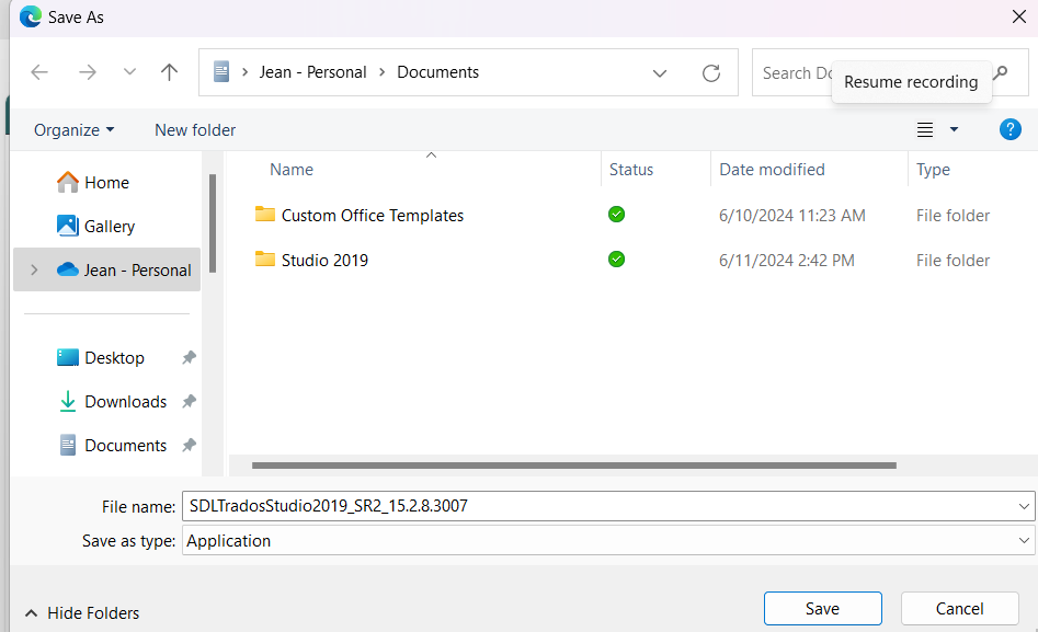Windows Save As dialog box with the file name SDLTradosStudio2019_SR2_15.2.8.3007 ready to be saved in the Documents folder.